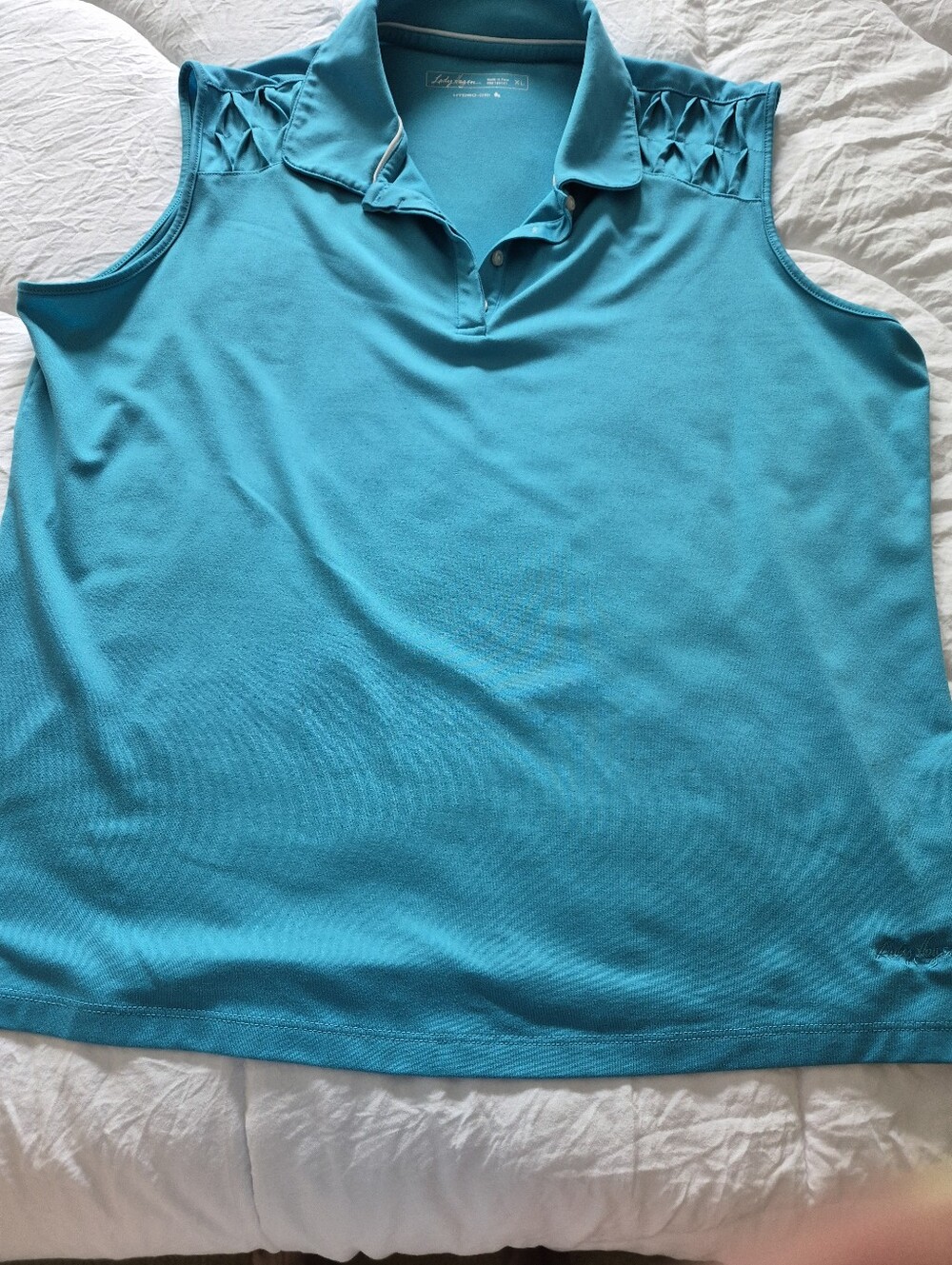 Lady Hagen Sleeveless Polo Tank in Teal Blue with Lace-Shoulder Detail